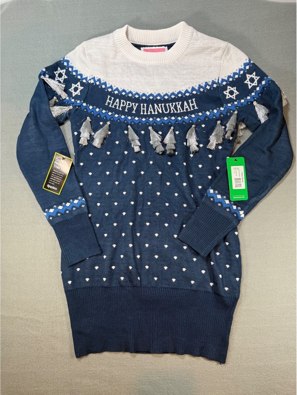 Tipsy Elves Women's Medium Happy Hanukkah Fringe Sweater Dress